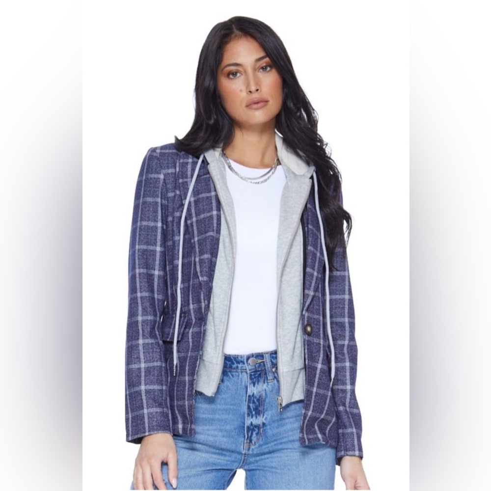 BLUE REVIVAL Hooded Helen Blazer in Navy Plaid & Heather Cement (S)